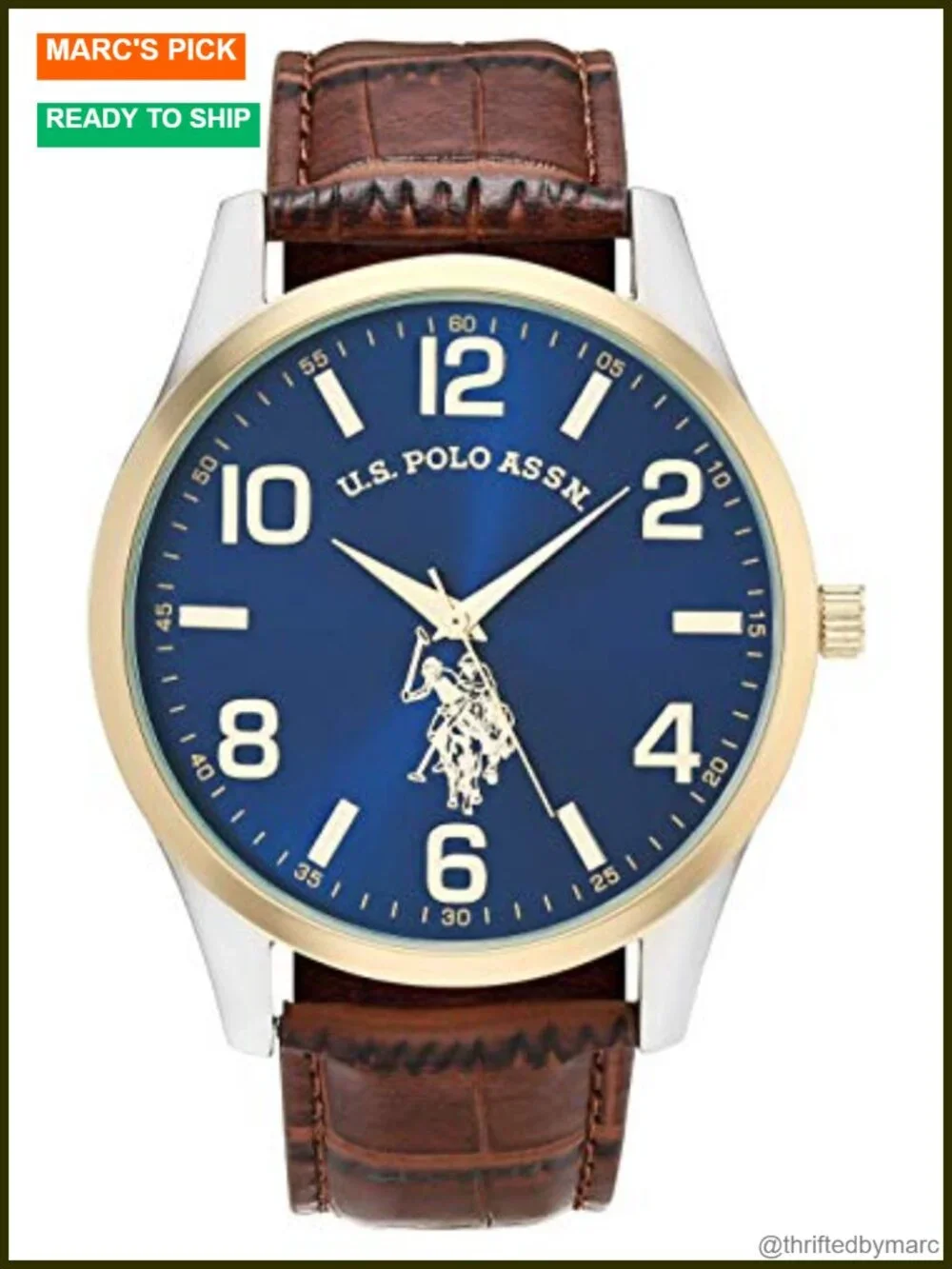 Men's Analog Dress Watch with Blue Sunray Dial Gold-Tone Bezel and Brown Faux